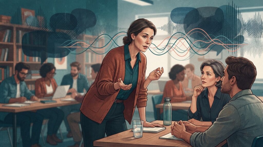 Aproximar-se dos alunos, fazer pausas e manter boa hidratação pode ajudar a reduzir o esforço para falar.