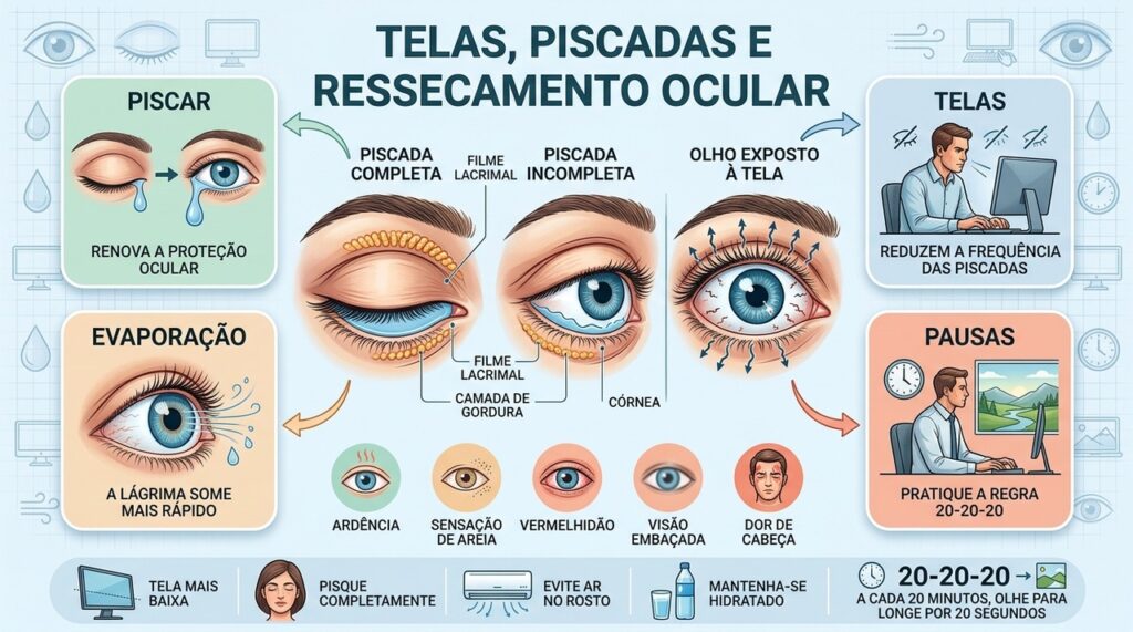 Piscadas raras ou incompletas prejudicam o filme lacrimal e aceleram sua evaporação.