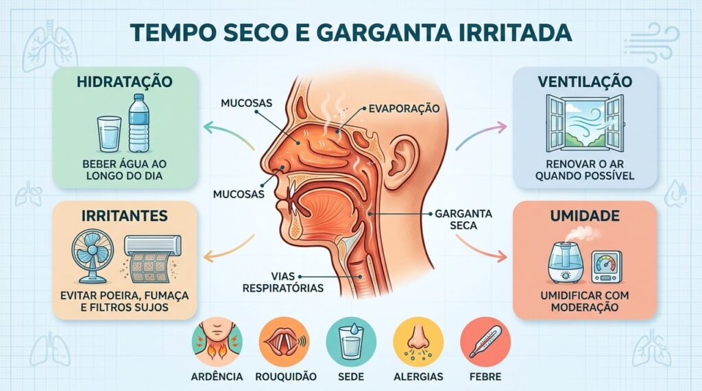 Hidratação, ventilação e controle de irritantes ajudam nos dias secos.