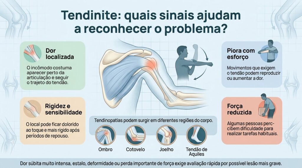 Dor localizada, piora com carga, sensibilidade e redução da força são sinais que podem aparecer nos problemas dos tendões.