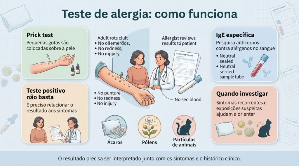 O prick test e a IgE específica podem ajudar a identificar sensibilizações, mas o diagnóstico depende também dos sintomas e das exposições.