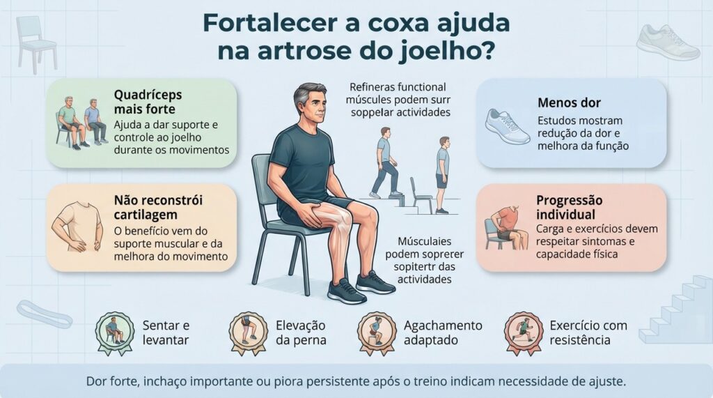 O fortalecimento da coxa pode aliviar sintomas da artrose ao melhorar o suporte, o controle e a função do joelho.
