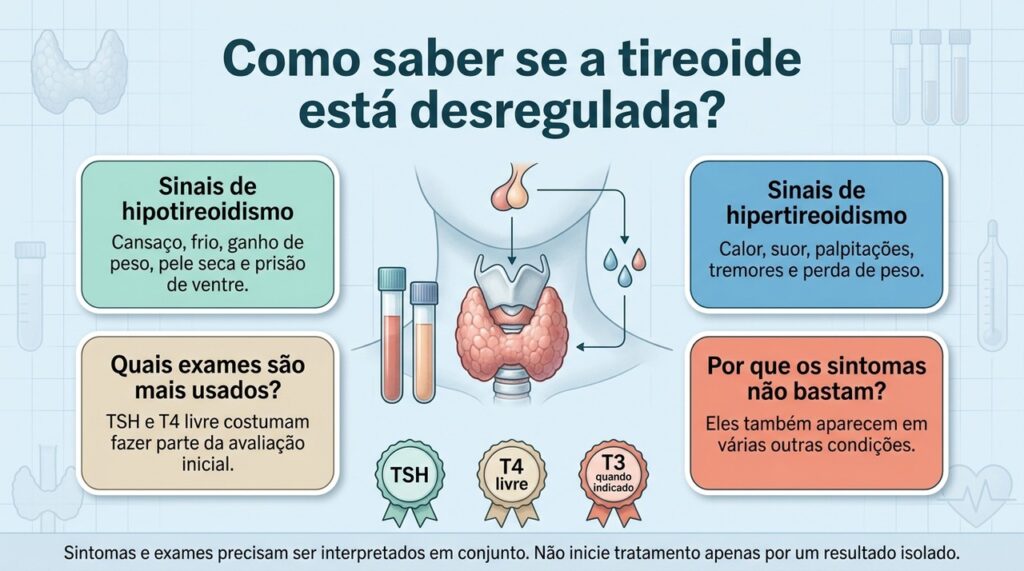 A investigação da tireoide combina sintomas, histórico e exames como TSH e T4 livre.