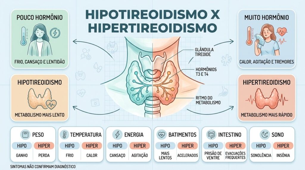 Compare os sinais de hipotireoidismo e hipertireoidismo e entenda como T3 e T4 regulam o metabolismo.