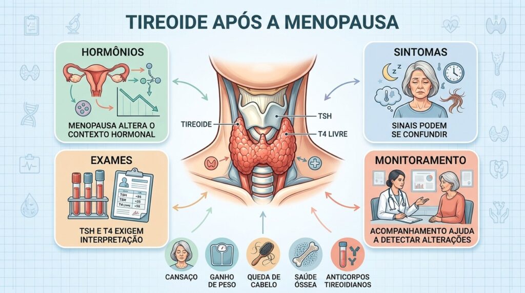 Menopausa modifica o contexto hormonal e exige atenção renovada à função da tireoide.