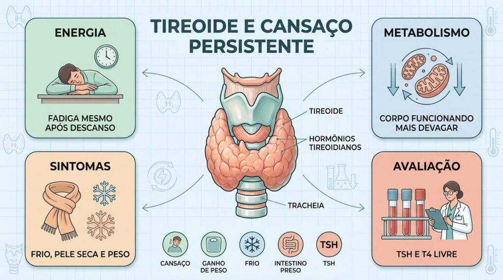TSH e T4 livre ajudam a investigar hipotireoidismo diante de sintomas persistentes.