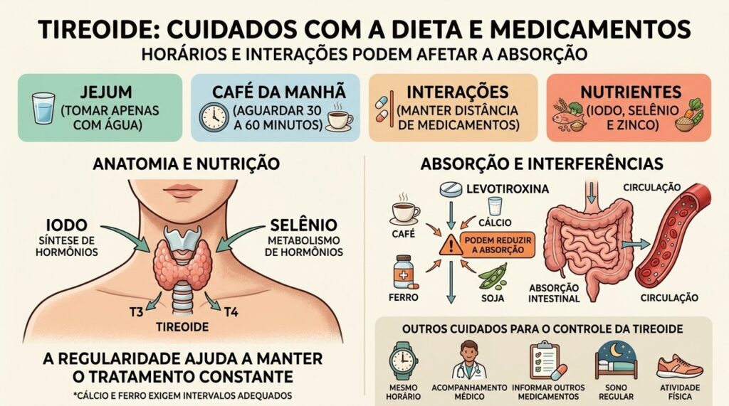 Horário, jejum e interações alimentares influenciam a absorção da levotiroxina.