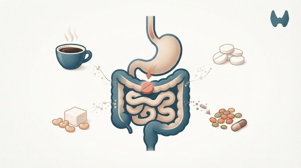 Alguns alimentos, bebidas e suplementos podem tornar a absorção da levotiroxina menos previsível.
