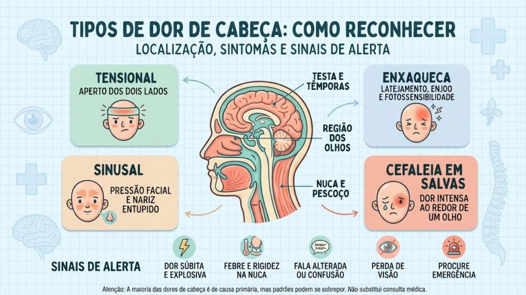 Dor tensional, enxaqueca e dor sinusal têm padrões distintos; sinais neurológicos ou dor explosiva exigem emergência.