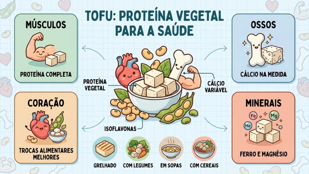 Proteínas, minerais e possíveis benefícios cardiovasculares fazem do tofu uma opção vegetal versátil.