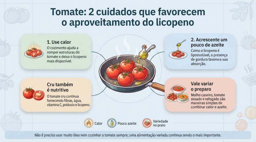 Calor e uma pequena quantidade de gordura podem aumentar a biodisponibilidade do licopeno presente no tomate.