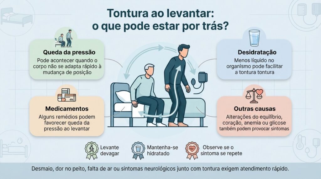 A forma como a tontura aparece e os sintomas associados ajudam a diferenciar queda de pressão de outras causas.