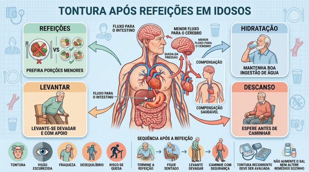 Refeições menores, hidratação e apoio ao levantar ajudam a prevenir quedas após comer.