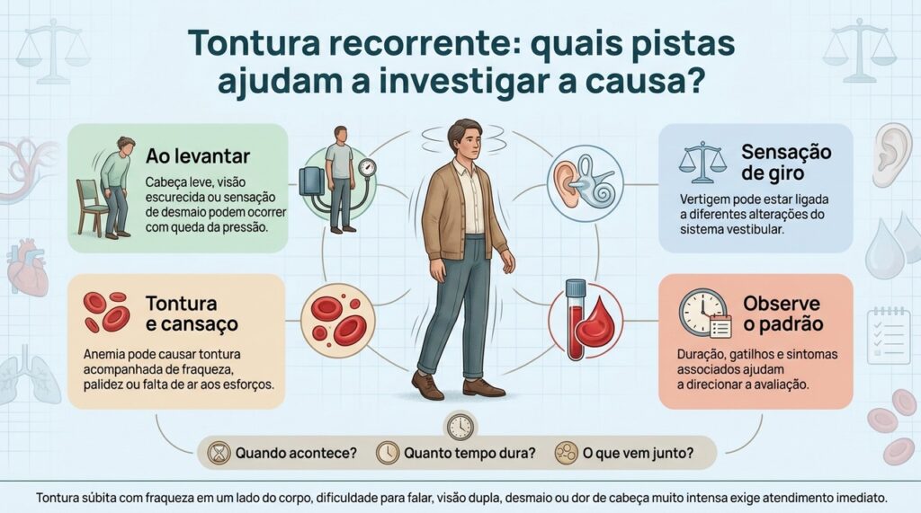 O tipo de tontura, seus gatilhos e os sintomas que aparecem junto ajudam o médico a diferenciar causas como pressão baixa, alterações vestibulares e anemia.