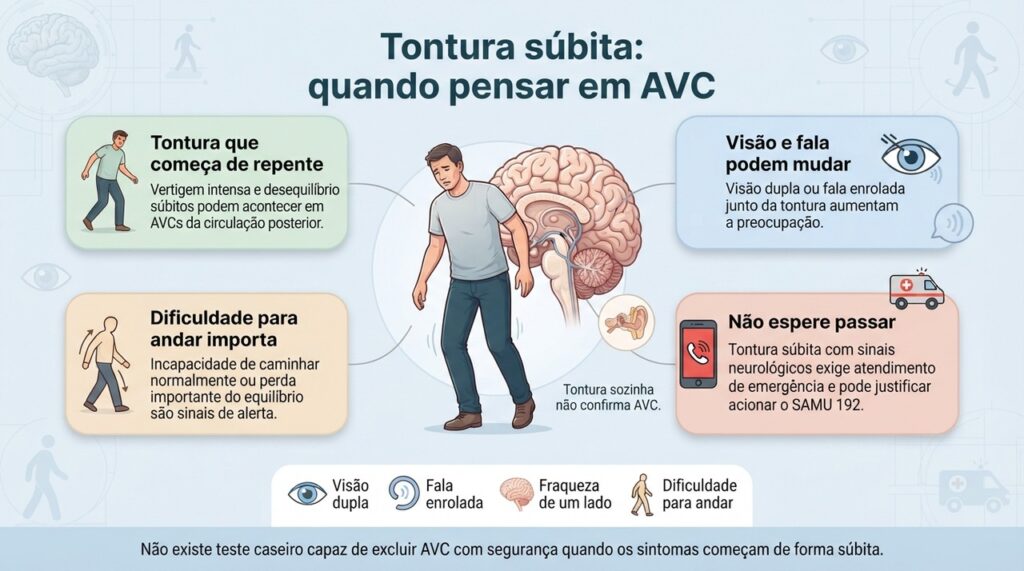 Tontura súbita com visão dupla, fala alterada, fraqueza ou dificuldade para andar deve ser tratada como possível emergência neurológica.