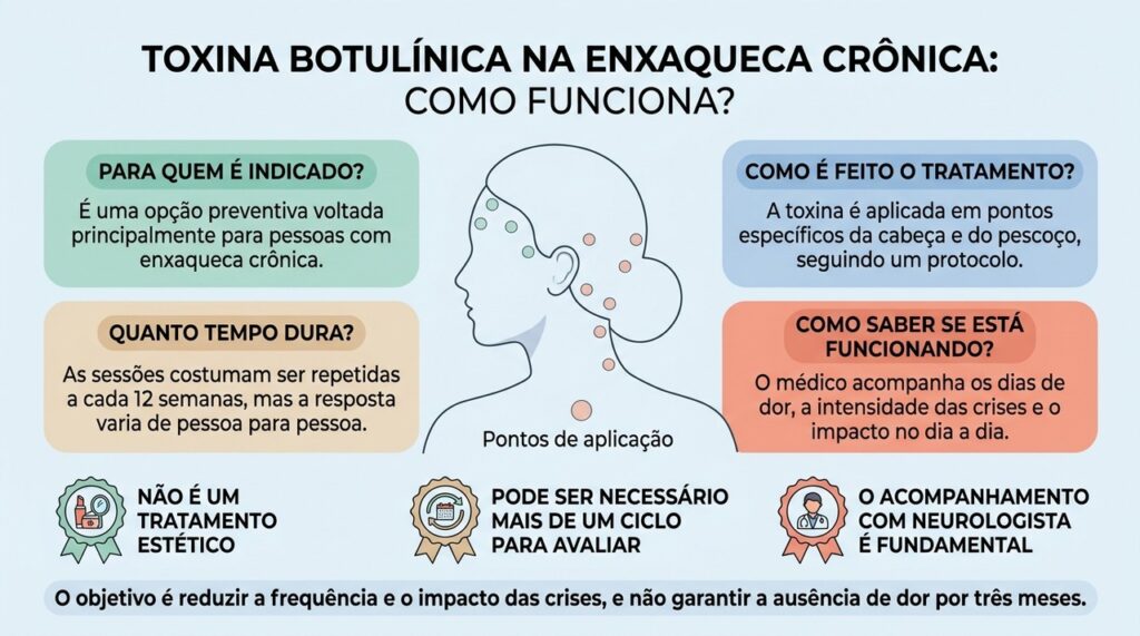 A toxina botulínica pode reduzir a frequência da enxaqueca crônica, mas o benefício varia e precisa ser avaliado ao longo dos ciclos de tratamento.