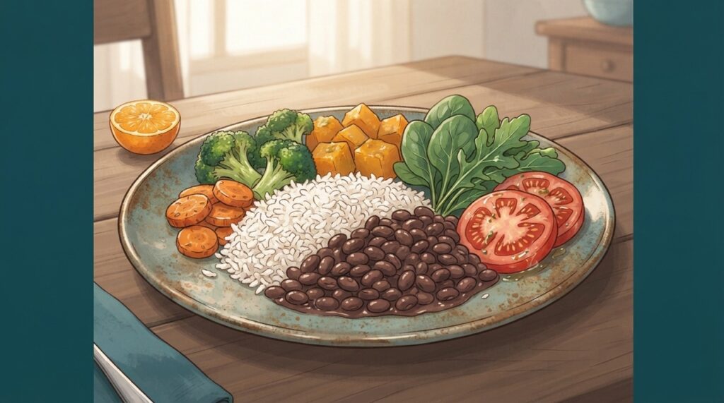 Variar o arroz, os feijões e os vegetais é uma forma simples de enriquecer a refeição sem abandonar a combinação tradicional.
