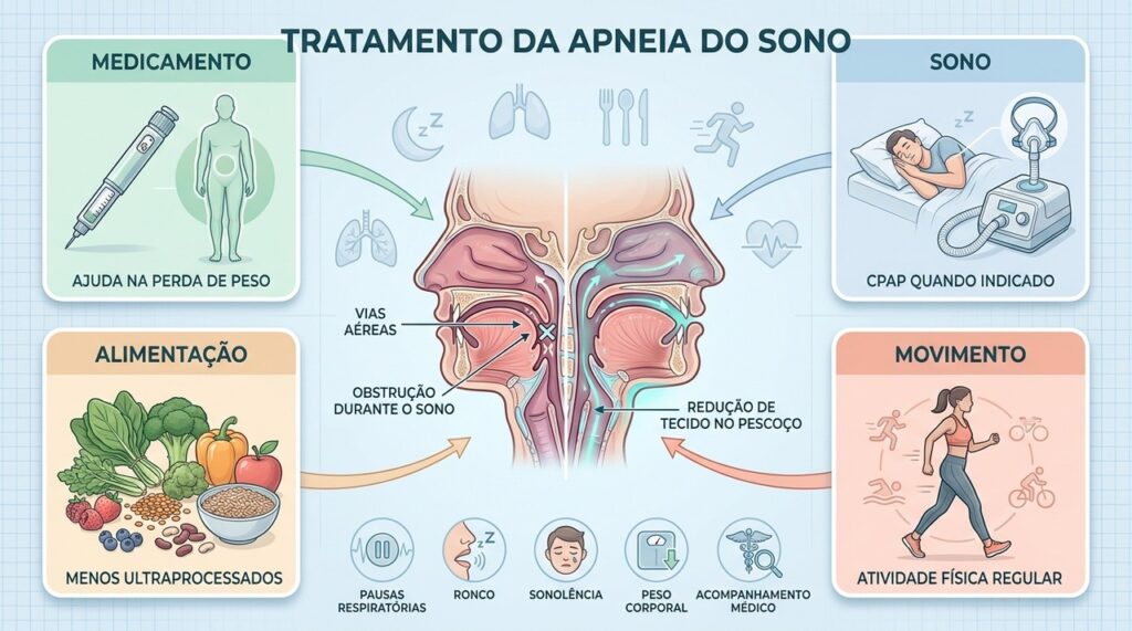 Medicamento, peso, hábitos e CPAP podem atuar juntos no tratamento da apneia.