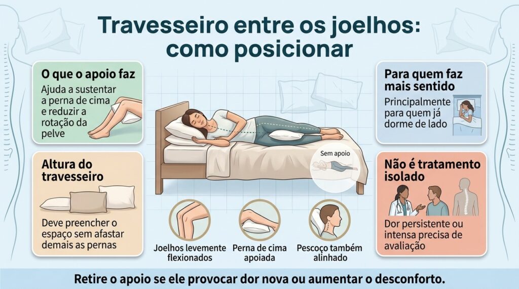 O objetivo é preencher o espaço entre as pernas sem afastá-las demais, favorecendo conforto e alinhamento ao dormir de lado.