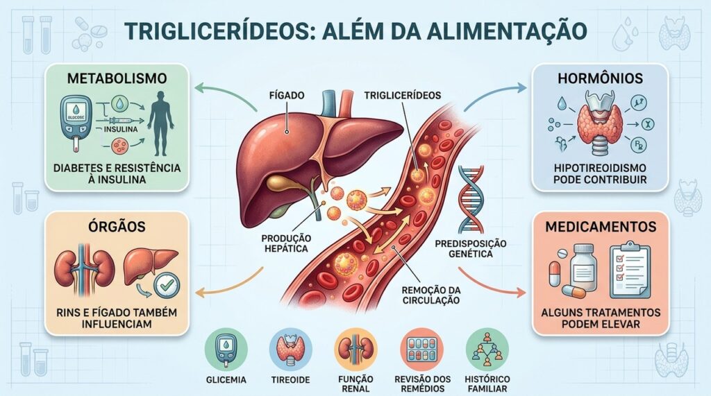 Metabolismo, hormônios, órgãos e medicamentos podem contribuir para triglicerídeos persistentemente elevados.