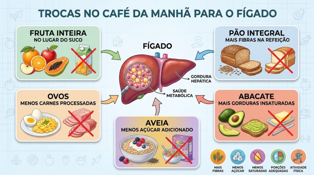 Cinco trocas reduzem açúcar, refinados, embutidos e gorduras saturadas na rotina matinal.