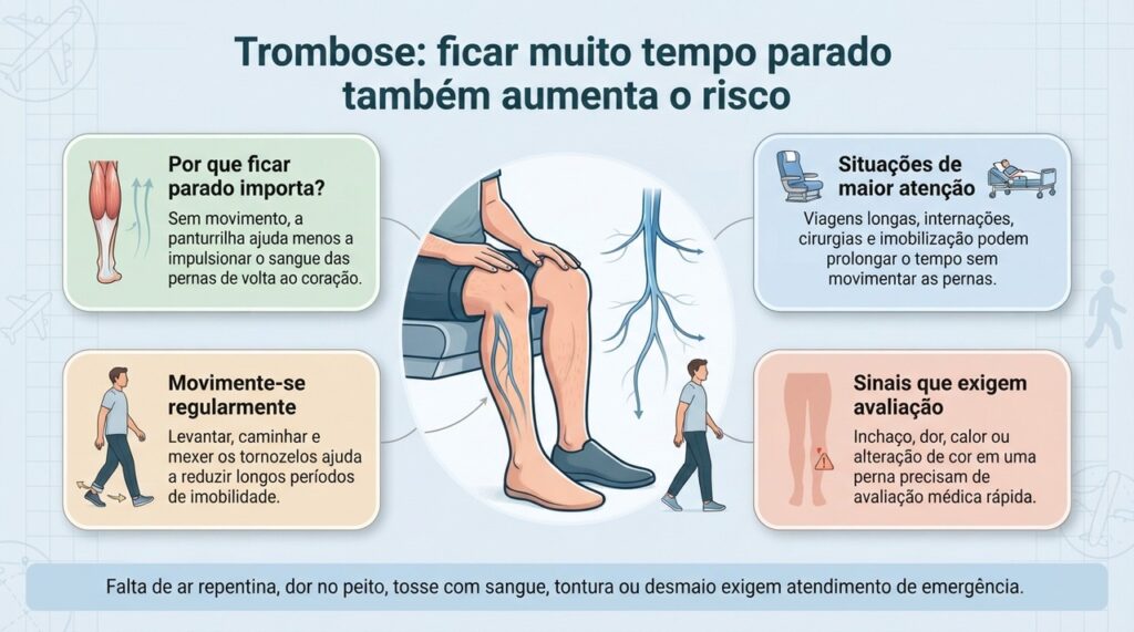 A imobilidade prolongada é um fator de risco para trombose e merece atenção principalmente quando se combina a outros fatores.