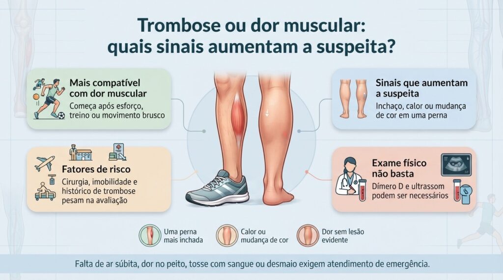Trombose e dor muscular podem se parecer, e a confirmação pode exigir exames além da avaliação clínica.