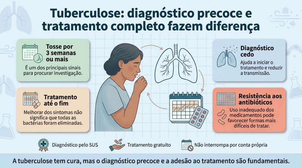 Diagnóstico precoce e tratamento completo ajudam a controlar a tuberculose e reduzem o risco de resistência.