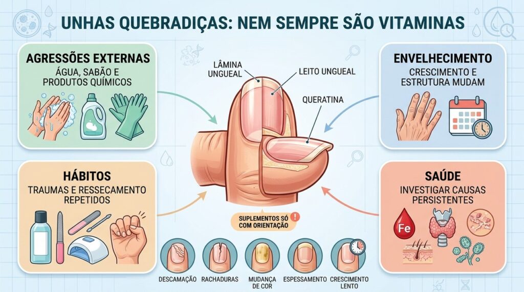 Hábitos, envelhecimento e doenças também explicam unhas quebradiças além das carências nutricionais.