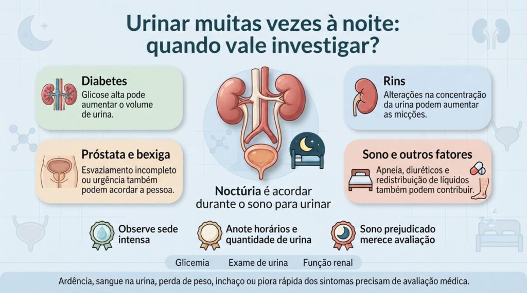 Noctúria persistente pode ter várias causas, e exames ajudam a diferenciar alterações da glicose, rins, bexiga e outros fatores.