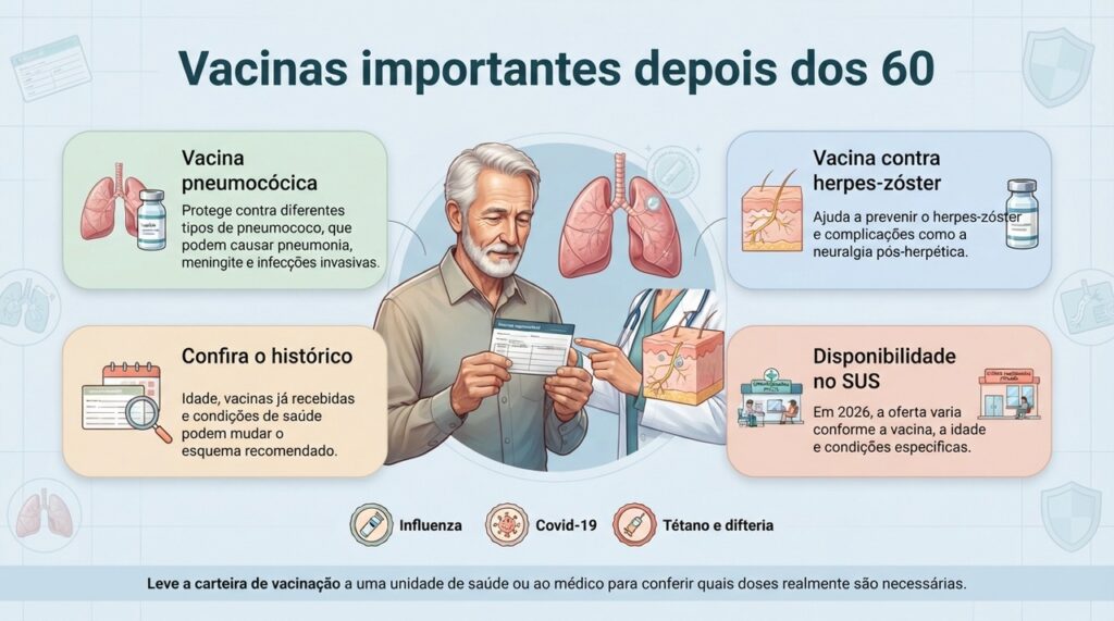 A vacinação após os 60 deve considerar idade, histórico de doses, condições de saúde e o calendário atualizado.
