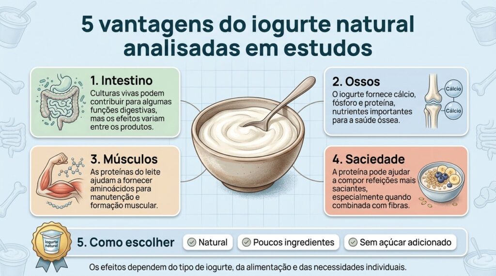 O iogurte natural pode contribuir para a ingestão de proteínas e cálcio e, em alguns casos, fornecer culturas vivas com efeitos digestivos.