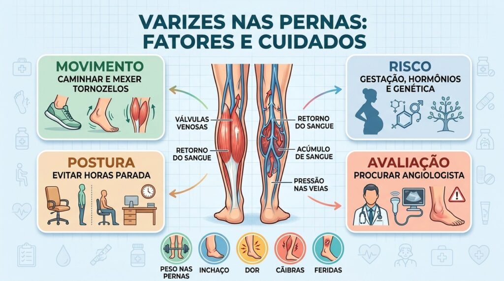 Movimento, controle de riscos e avaliação vascular orientam o cuidado com varizes.