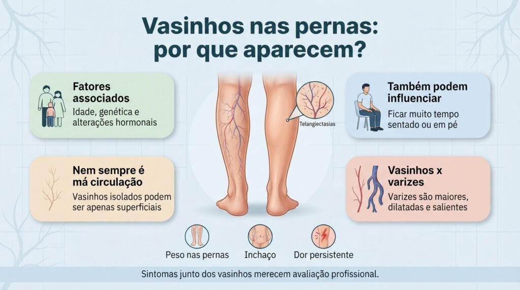 Vasinhos isolados nem sempre indicam problema circulatório, mas sintomas associados merecem avaliação.