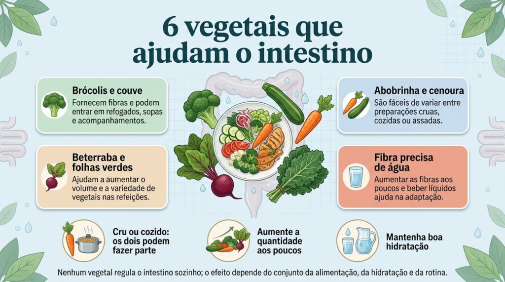 Vegetais ajudam o funcionamento intestinal quando fazem parte de uma alimentação variada, rica em fibras e acompanhada de boa hidratação.