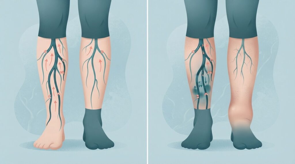 A pressão aumentada nas veias pode contribuir ao mesmo tempo para edema, sensação de peso e alterações na pele.