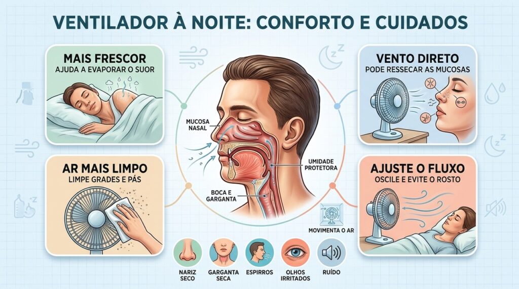 Oscilação, limpeza e fluxo indireto equilibram frescor e conforto respiratório durante o sono.