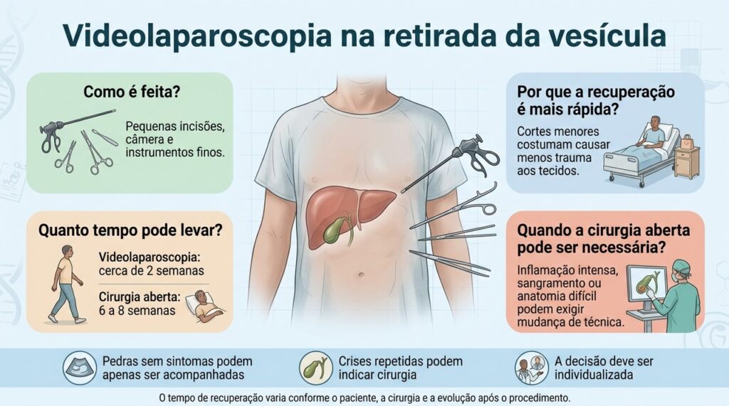 A videolaparoscopia utiliza incisões menores e, em casos simples, costuma permitir recuperação mais rápida do que a cirurgia aberta.