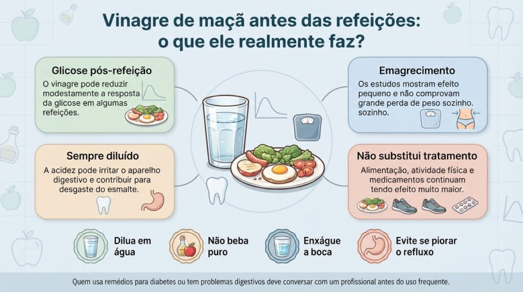 O vinagre de maçã pode ter efeito discreto sobre a glicose, mas exige diluição e não deve ser tratado como solução para emagrecer ou controlar doenças.