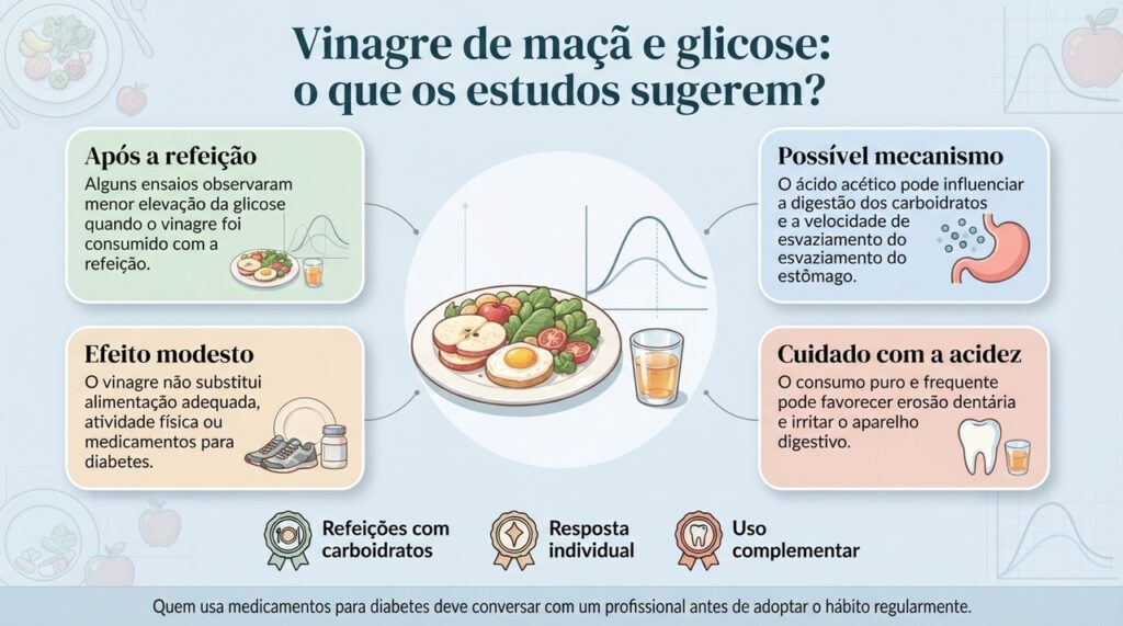 O possível efeito do vinagre sobre a glicose é modesto e deve ser entendido como complementar, não como tratamento para diabetes.