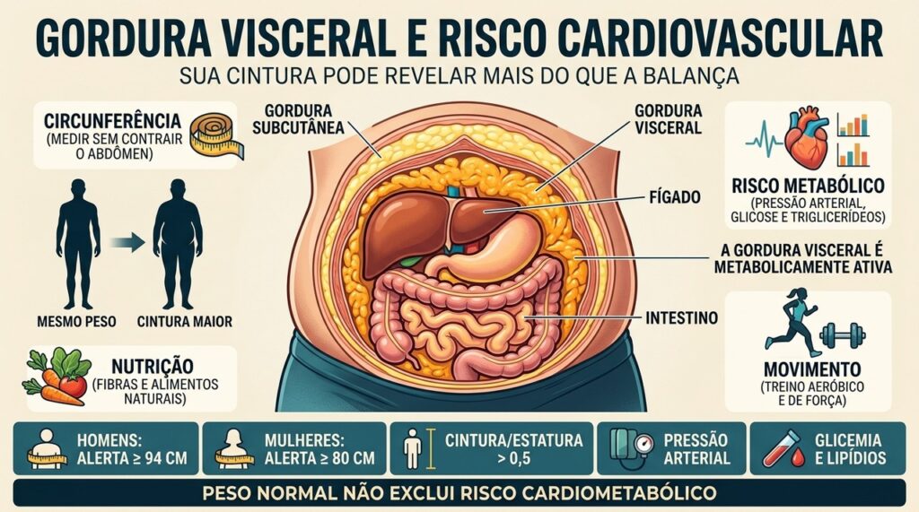 Gordura visceral favorece inflamação, resistência à insulina e maior risco cardiovascular.