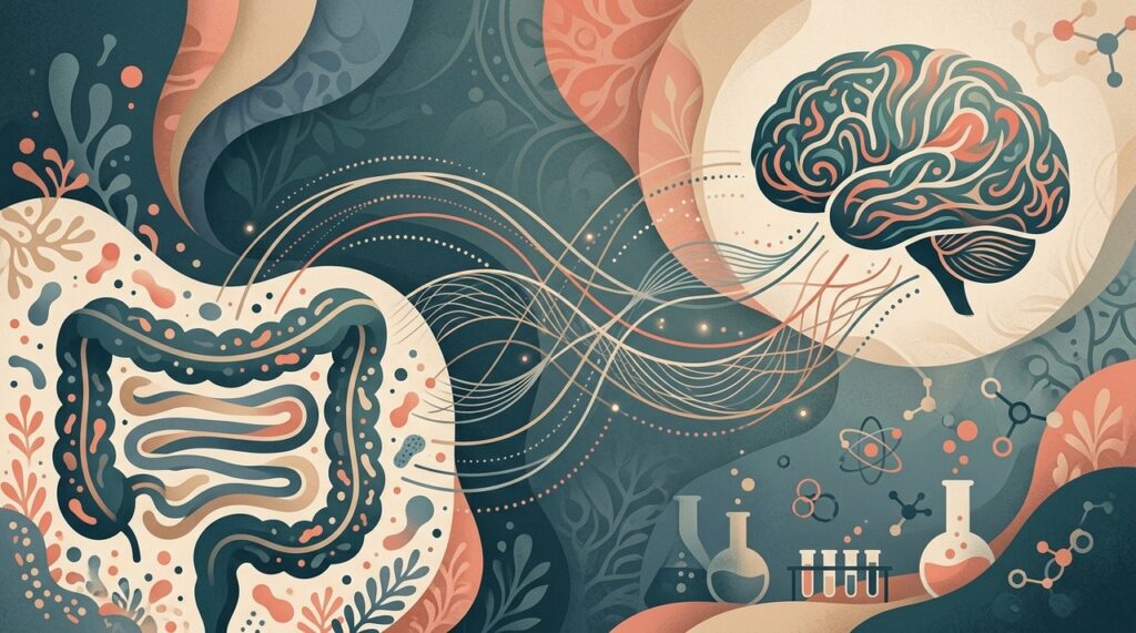 O eixo intestino-cérebro envolve nervo vago, sistema imunológico, hormônios e substâncias produzidas pela microbiota.