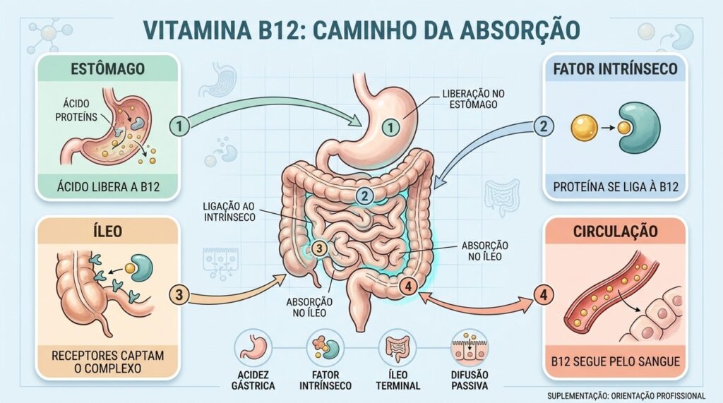 Veja as etapas da absorção da B12 e entenda o papel do fator intrínseco e da difusão passiva.