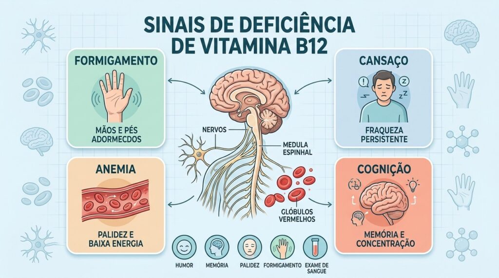 Formigamento, cansaço, palidez e alterações cognitivas podem acompanhar a deficiência de vitamina B12.
