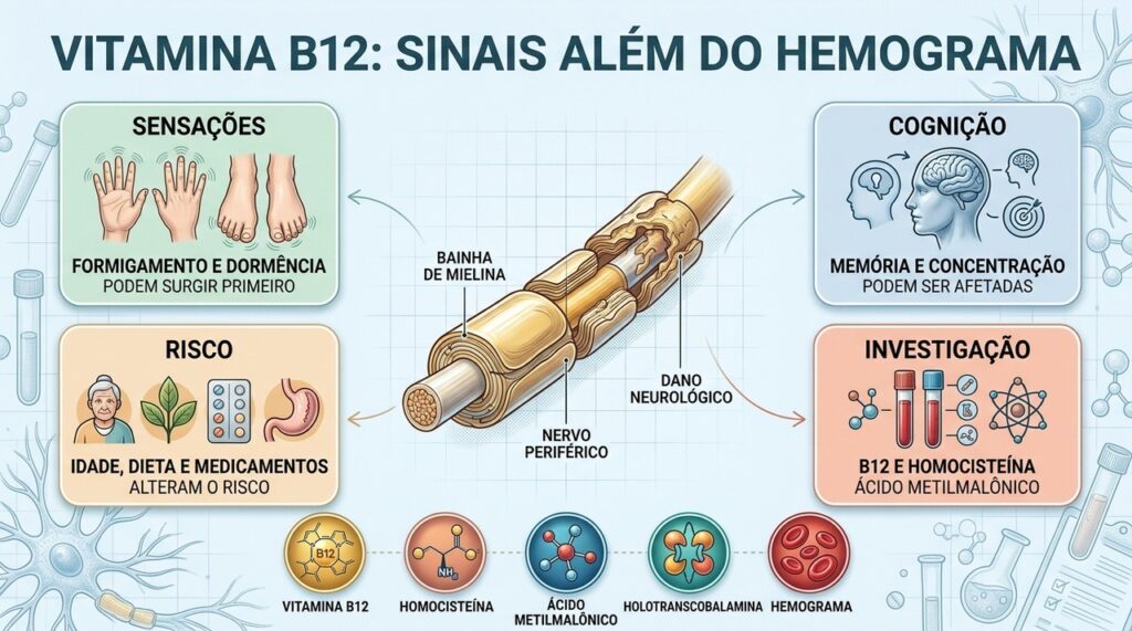 Sintomas neurológicos e exames específicos ajudam a detectar precocemente a deficiência de B12.