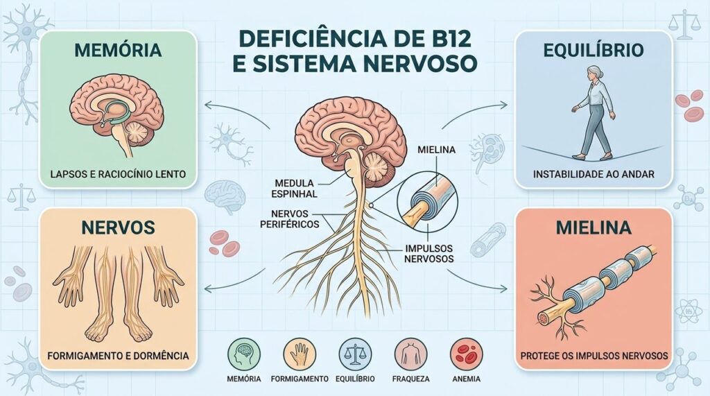 Memória, equilíbrio e sensibilidade dependem de nervos protegidos pela mielina e vitamina B12.