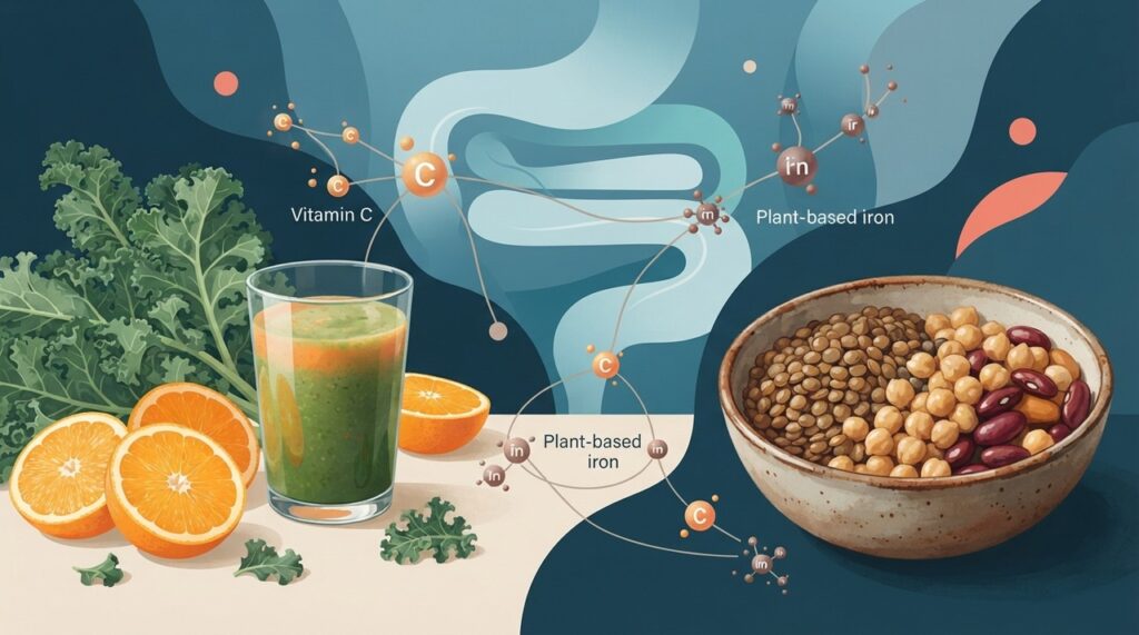 Consumir vitamina C junto de fontes vegetais de ferro pode favorecer a absorção do mineral no intestino.