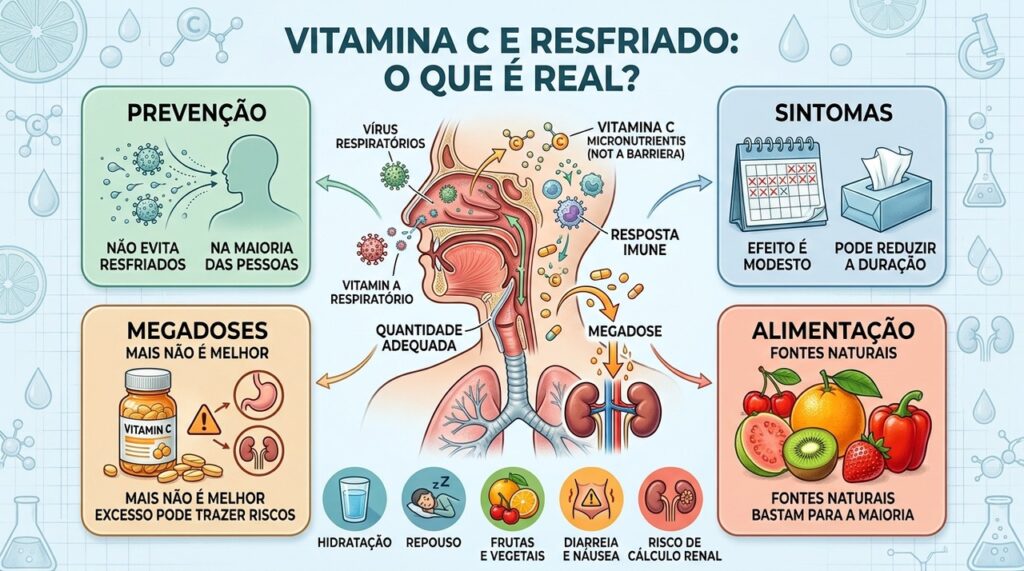 Vitamina C não previne resfriados na maioria e megadoses podem trazer riscos.