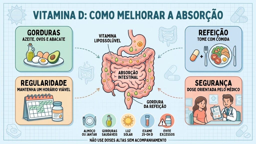 Refeição com gordura, regularidade e dose orientada ajudam a usar vitamina D com segurança.