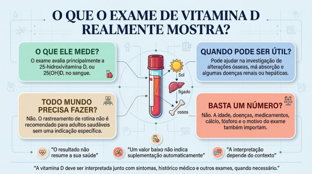 O exame de vitamina D é mais útil quando responde a uma dúvida clínica específica e é interpretado junto com outros dados de saúde.